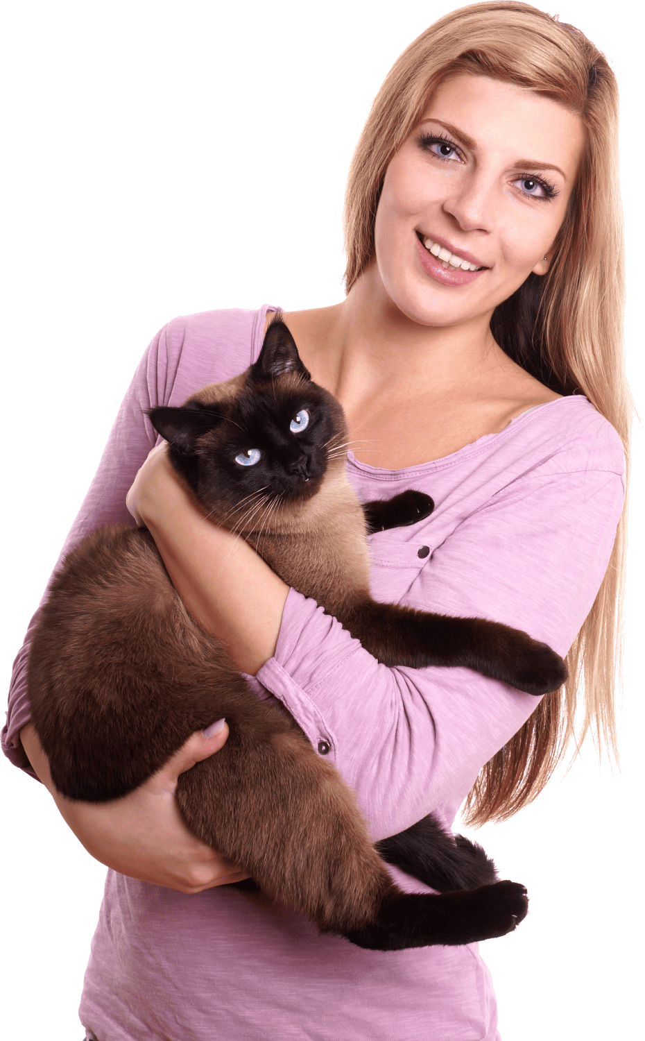 A woman holding a siamese cat in her arms.
