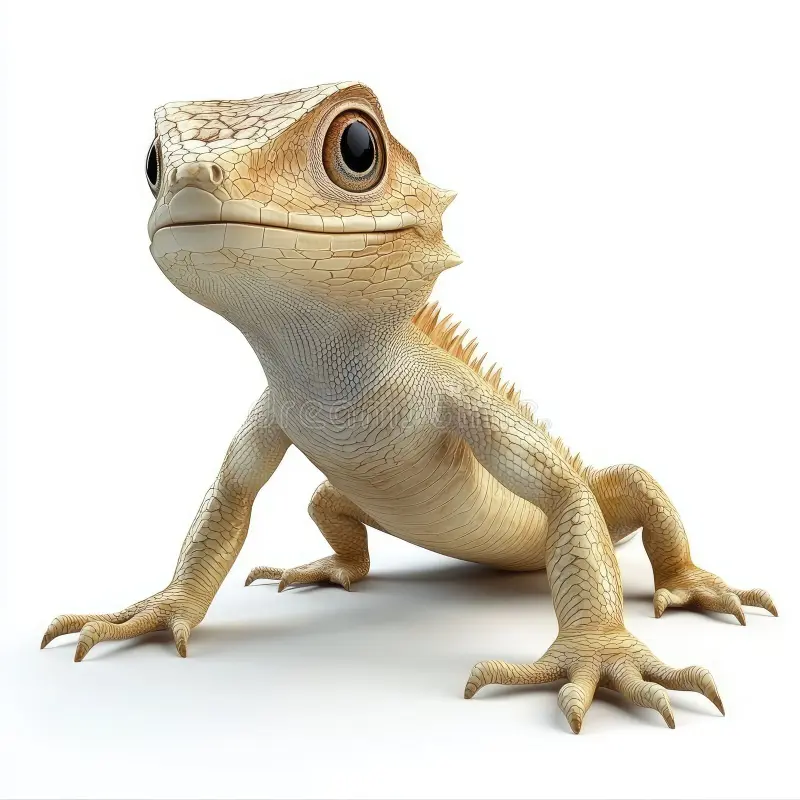 Close-up of a small gecko with large eyes on a white background.