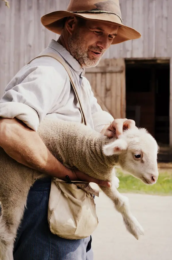Man holding a lamb near wooden barn.
