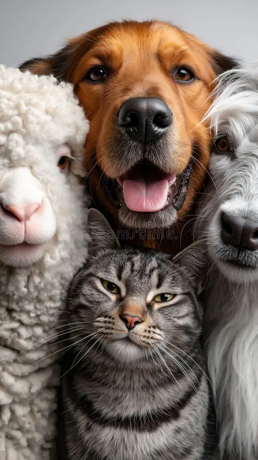 Close-up of a sheep, dog, cat, and another dog together.
